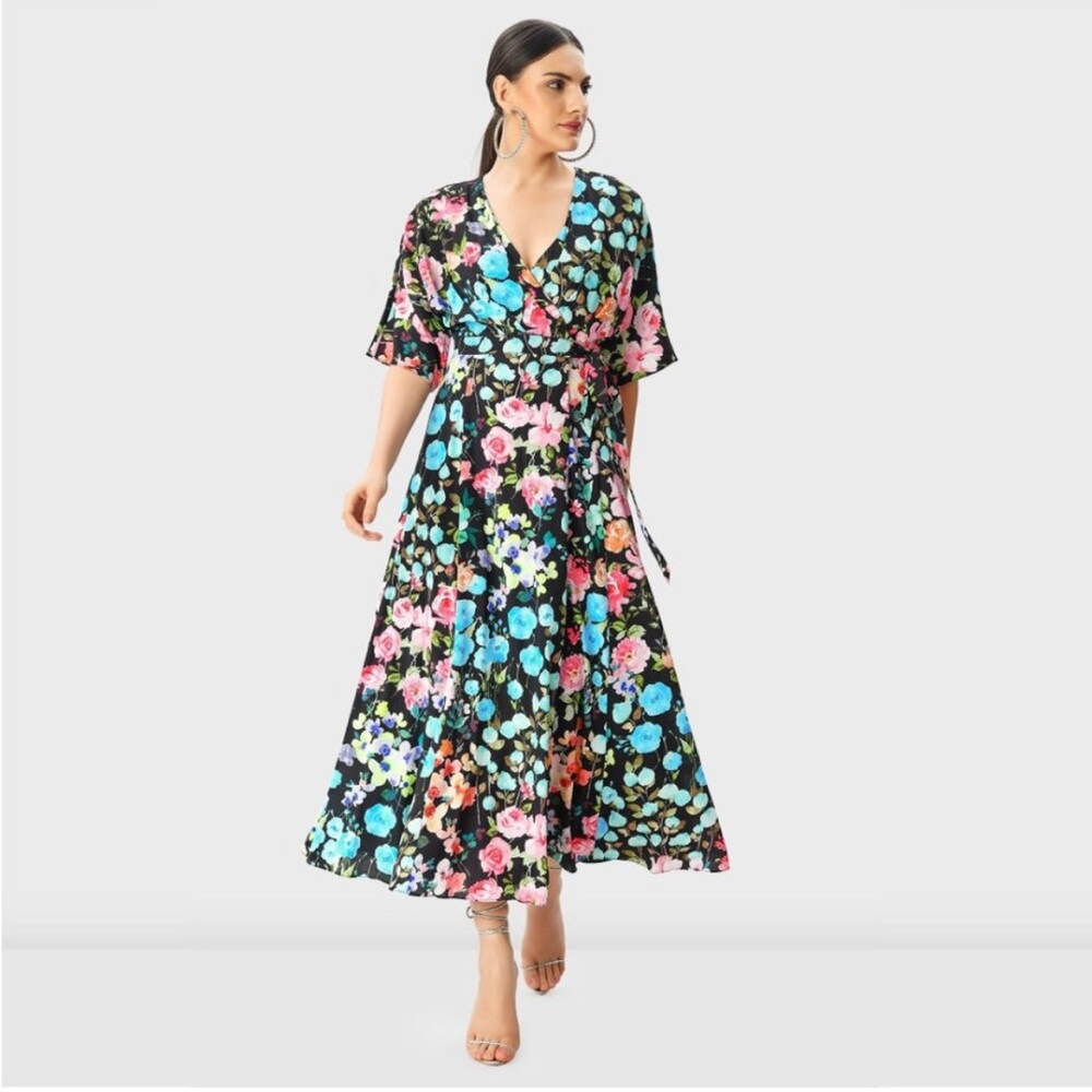 eShakti Wayward Fancies Dolman Sleeve Floral Print Crepe Wrap Dress Black